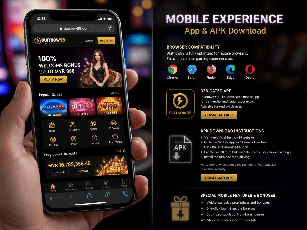 Photo-realistic image illustrating the topic of the article section "Mobile Experience – App and APK Download" (about the online casino brand "duitnow99"): Cover mobile experience: browser compatibility, dedicated app availability, APK download instructions. Address the gap 'No mobile app download or APK availability details'. Mention any special mobile features or bonuses.