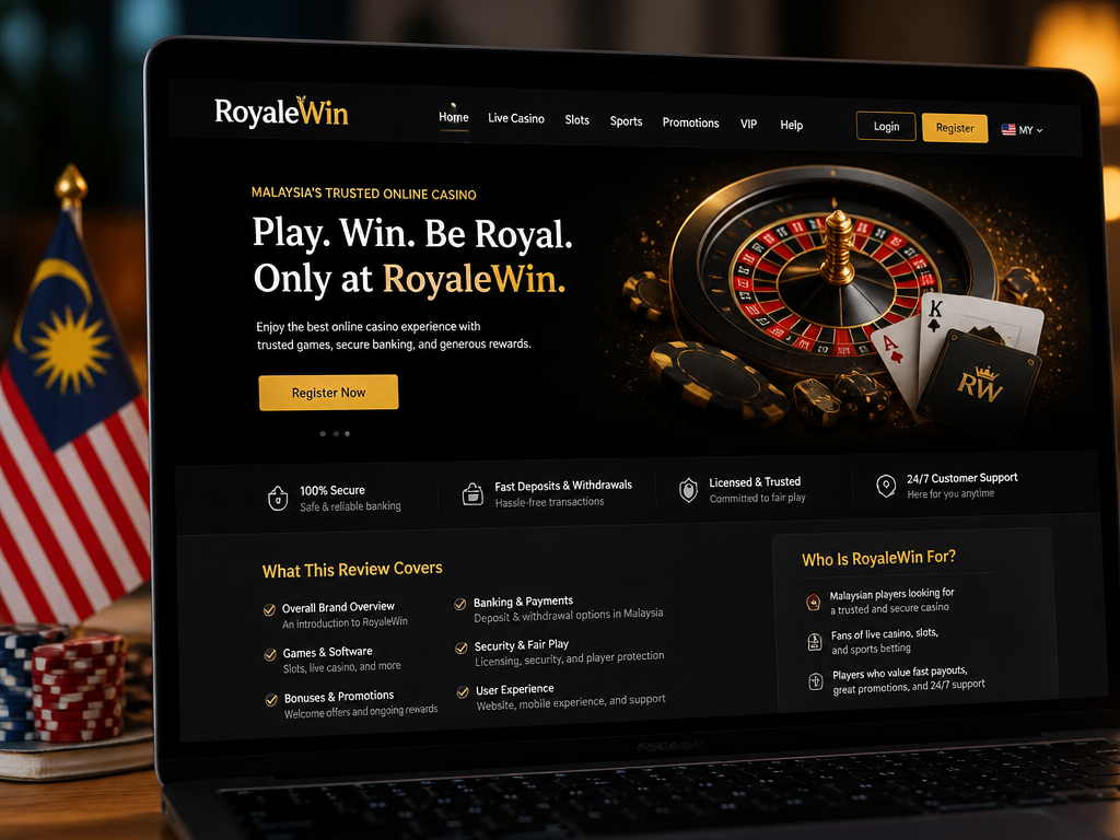 Photo-realistic image illustrating the topic of the article section "RoyaleWin Online Casino Malaysia: An In-Depth Review" (about the online casino brand "royalewin"): Introduce RoyaleWin as a Malaysian online casino. Mention its target audience, key selling points, and what the review covers. Gap: overall brand overview.