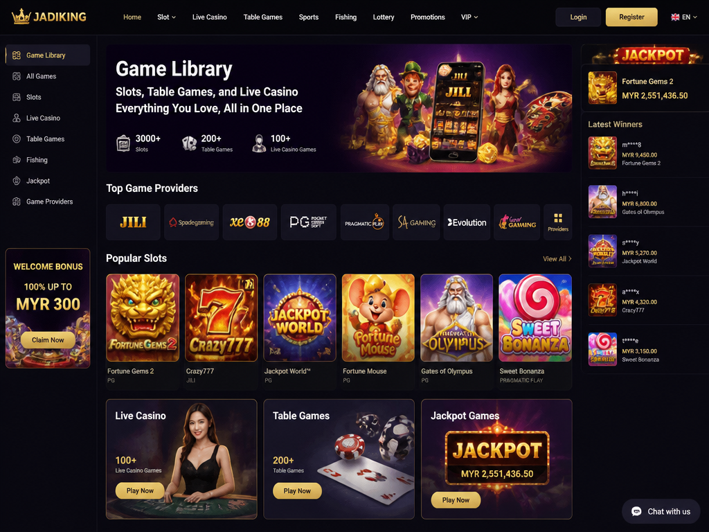 Photo-realistic image illustrating the topic of the article section "Game Library: Slots, Table Games, and Live Casino at Jadiking" (about the online casino brand "jadiking"): List game providers (Jili, Spadegaming, Xe88, etc.); mention slot count, table games, live casino options; highlight popular titles. Covers gap: missing detailed game library.