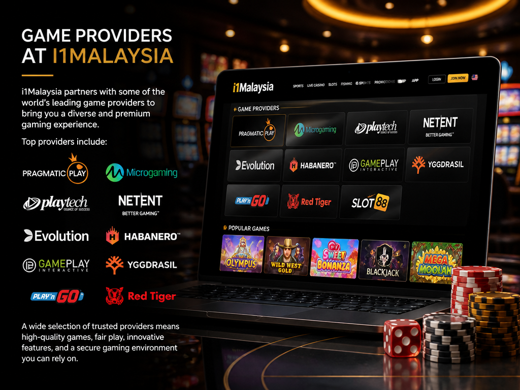 Photo-realistic image illustrating the topic of the article section "Game Providers at i1Malaysia" (about the online casino brand "i1malaysia"): Address the missing list of game providers. Name top providers like Pragmatic Play, Microgaming, Playtech, and others that i1Malaysia likely offers. Explain how provider variety affects game quality and trust.