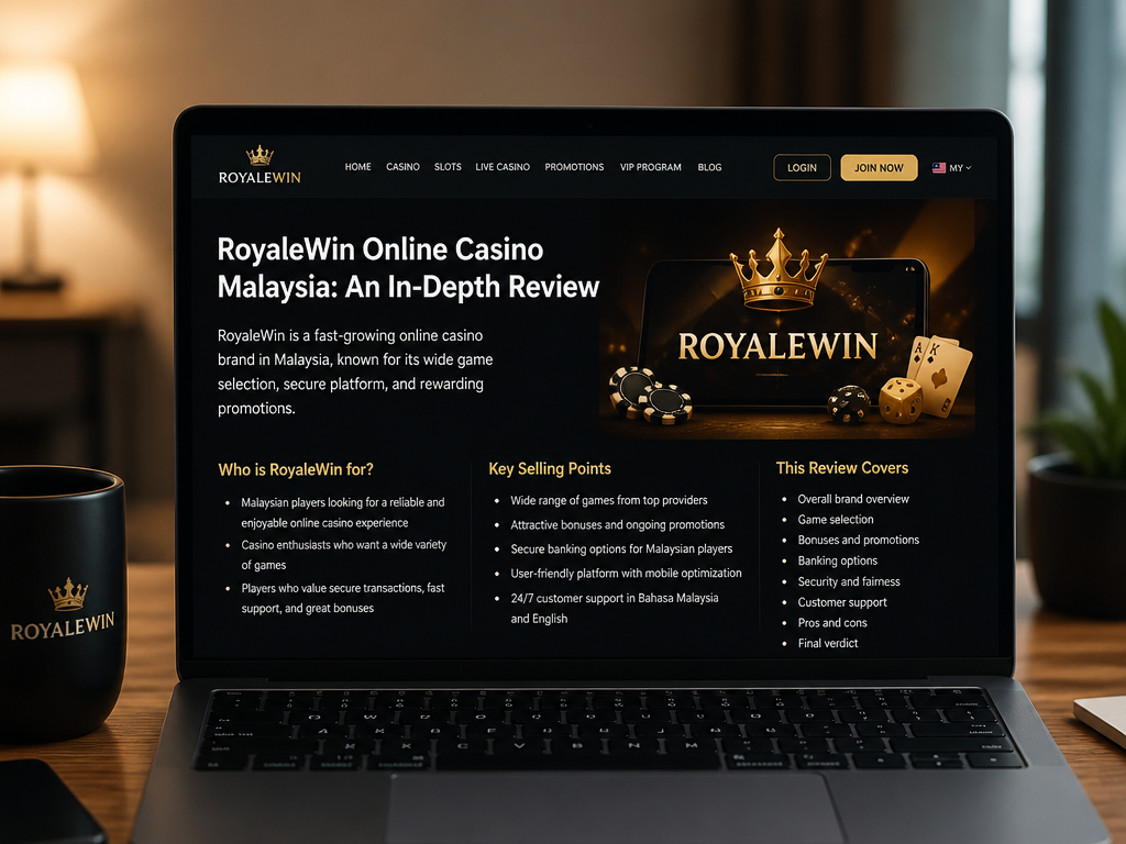 Photo-realistic image illustrating the topic of the article section "RoyaleWin Online Casino Malaysia: An In-Depth Review" (about the online casino brand "royalewin"): Introduce RoyaleWin as a Malaysian online casino. Mention its target audience, key selling points, and what the review covers. Gap: overall brand overview.