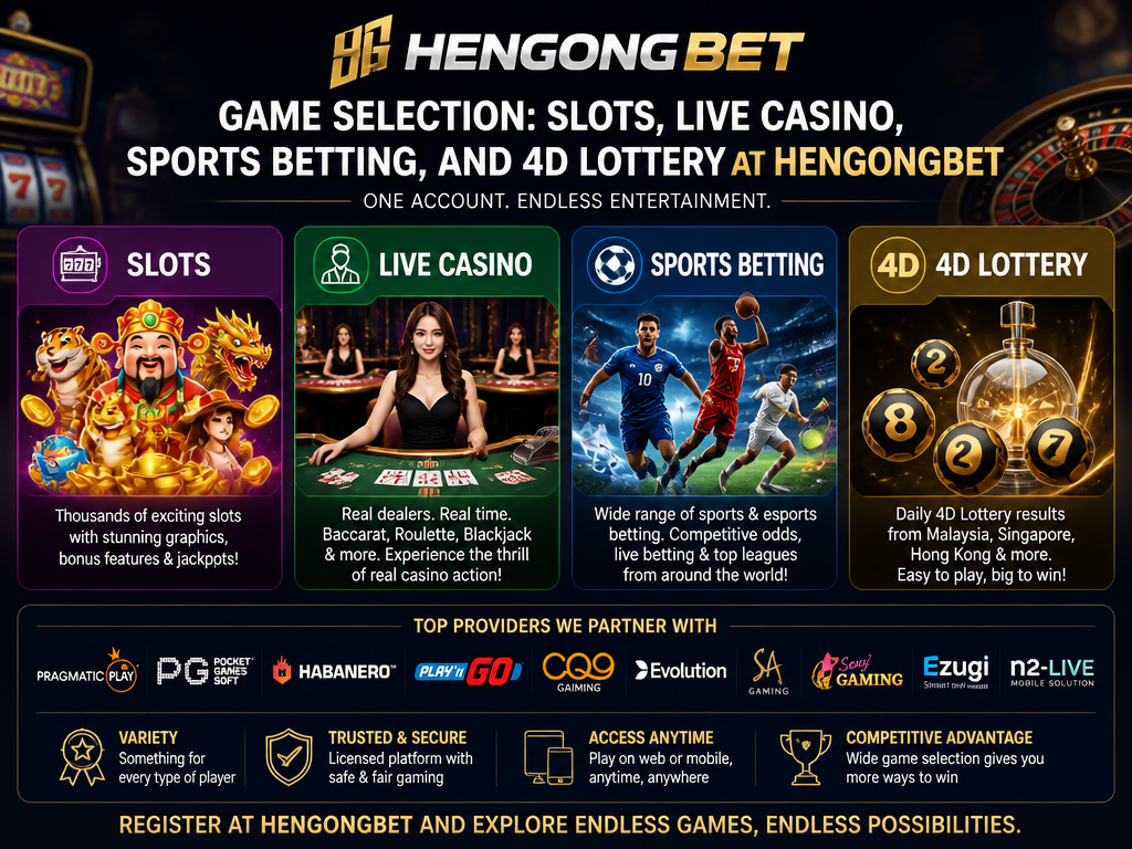 Image illustrating the online casino game or provider "Hengongbet", for an article section titled "Game Selection: Slots, Live Casino, Sports Betting, and 4D Lottery at Hengongbet": Overview of game categories available after registration: slots, live casino, sports betting, 4D lottery. Mention popular providers and highlight the variety. Covers competitor structure on game categories.
