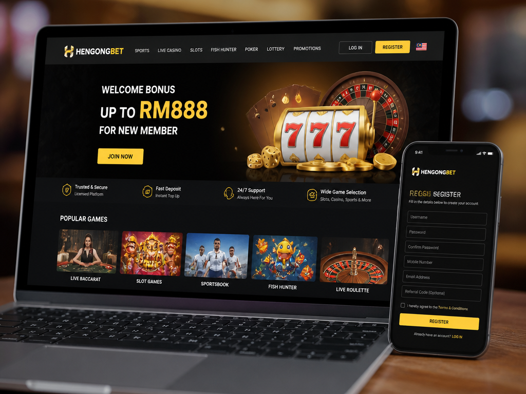 Photo-realistic image illustrating the topic of the article section "Hengongbet Register: A Complete Guide to Signing Up and Playing at Malaysia's Trusted Casino" (about the online casino brand "hengongbet register"): Introduce Hengongbet as a trusted Malaysia online casino platform; highlight the focus of this review on the registration process, covering key steps, bonuses, and troubleshooting.