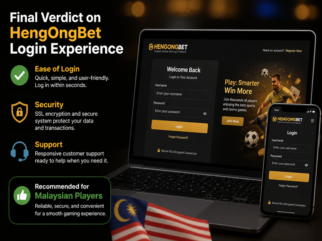 Photo-realistic image illustrating the topic of the article section "Final Verdict on HengOngBet Login Experience" (about the online casino brand "hengongbet login"): Summarize ease of login, security, support. Recommend for Malaysian players. Short verdict.