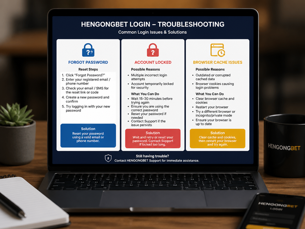 Photo-realistic image illustrating the topic of the article section "Troubleshooting Common Login Issues" (about the online casino brand "hengongbet login"): Common login errors: forgot password (reset steps), account lock (timeout, multiple attempts), browser cache issues. Provide solutions. Covers gap: missing troubleshooting for common login errors.