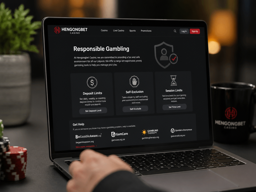 Photo-realistic image illustrating the topic of the article section "Responsible Gambling Features at Hengongbet Casino" (about the online casino brand "hengongbet casino"): Describe responsible gambling tools (deposit limits, self-exclusion, links to help organizations); covers gap: no details on responsible gambling features.