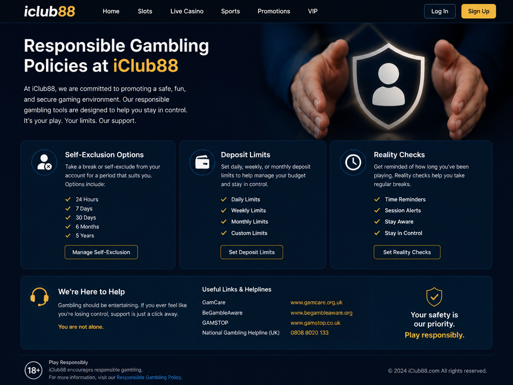 Photo-realistic image illustrating the topic of the article section "Responsible Gambling Policies at iClub88" (about the online casino brand "iclub88"): Outline self-exclusion options, deposit limits, and reality checks. Mention links to gambling helplines. Emphasize commitment to safe play.