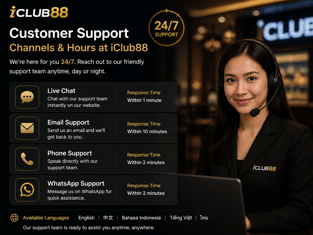 Photo-realistic image illustrating the topic of the article section "Customer Support Channels and Hours at iClub88" (about the online casino brand "iclub88"): Provide available contact channels (live chat, email, phone, WhatsApp). Mention 24/7 availability. Include response times and language support.