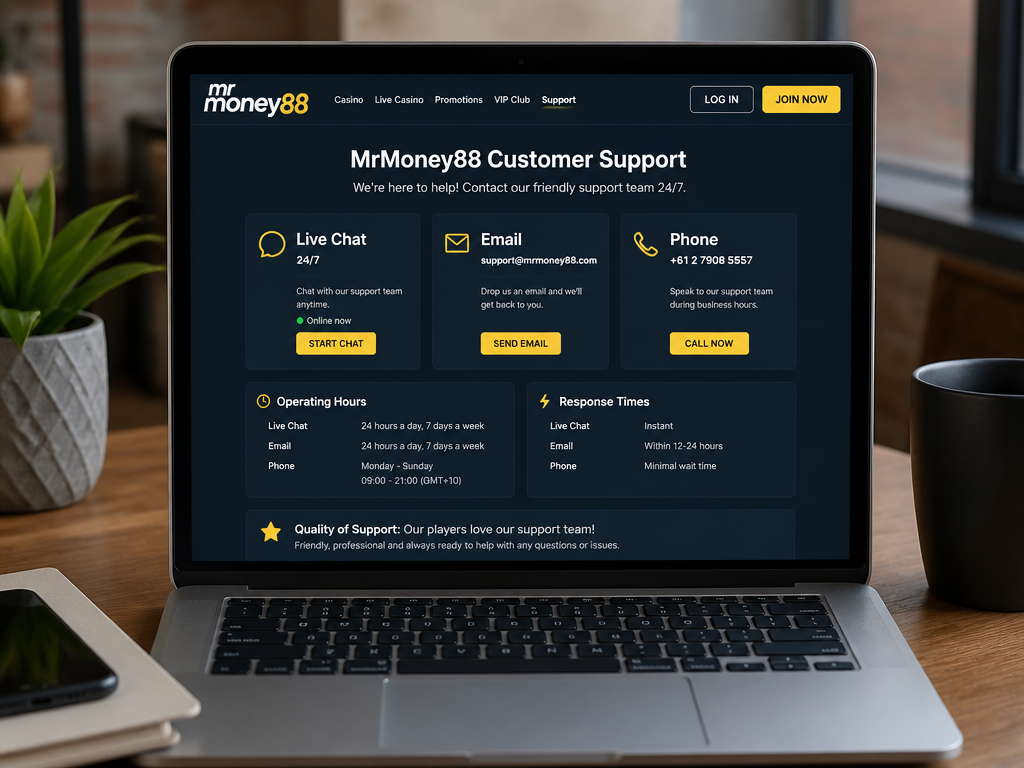 Photo-realistic image illustrating the topic of the article section "MrMoney88 Customer Support: Live Chat, Email, and Phone Hours" (about the online casino brand "mr money88"): Cover the gap on customer support channels: list live chat (24/7), email address, phone number (if any), and operating hours. Mention response times and quality of support (friendly, helpful).