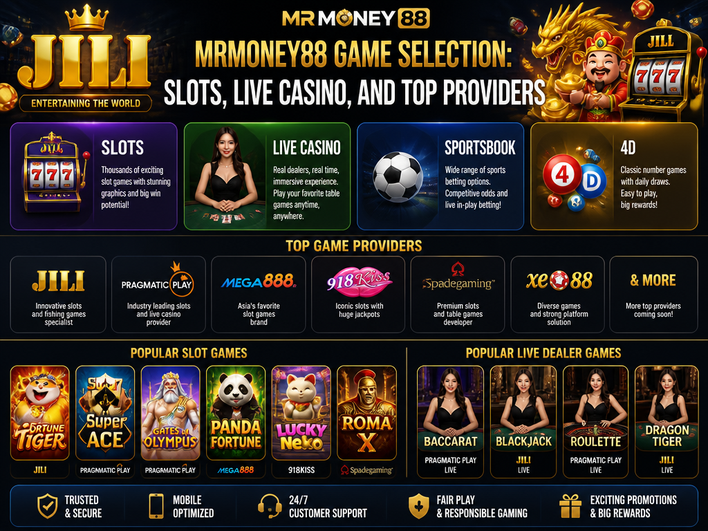 Image illustrating the online casino game or provider "Jili", for an article section titled "MrMoney88 Game Selection: Slots, Live Casino, and Top Providers": List game categories: slots, live casino, sportsbook, 4D. Cover the gap on game providers: include JILI, Pragmatic Play, Mega888, 918Kiss, and mention others like Spadegaming, Xe88 if available. Highlight popular slot titles and live dealer games.