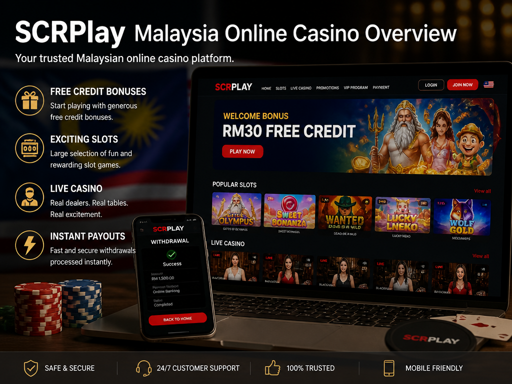 Photo-realistic image illustrating the topic of the article section "SCRPlay Malaysia Online Casino Overview" (about the online casino brand "scrplay"): Introduce SCRPlay as a Malaysian online casino platform. Highlight key features: free credit bonuses, slots, live casino, and instant payouts. Set the context for the review.