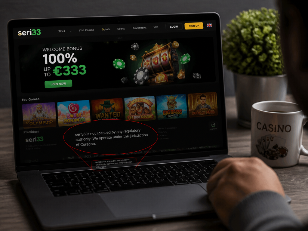 Photo-realistic image illustrating the topic of the article section "Licensing and Safety: No Regulatory Body Mentioned" (about the online casino brand "seri33"): Highlight that Seri33 does not display any license or regulatory oversight. Discuss implications for player safety and trust. Cover gap: no license info.