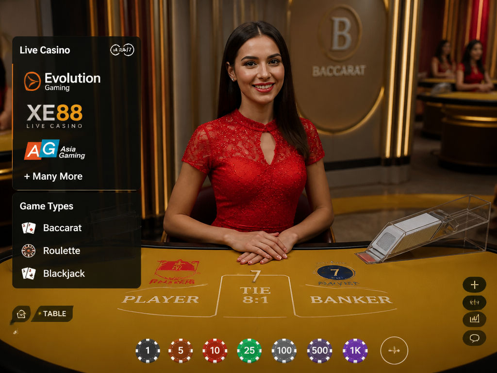 Photo-realistic image illustrating the topic of the article section "Live Casino & Table Games: Real Dealers, Real Thrills" (about the online casino brand "boostpay99"): Focus on live casino offerings: Evolution Gaming, Xe88, and other live dealer studios. Describe game types (baccarat, roulette, blackjack). Address the gap of no mention of live game studios.