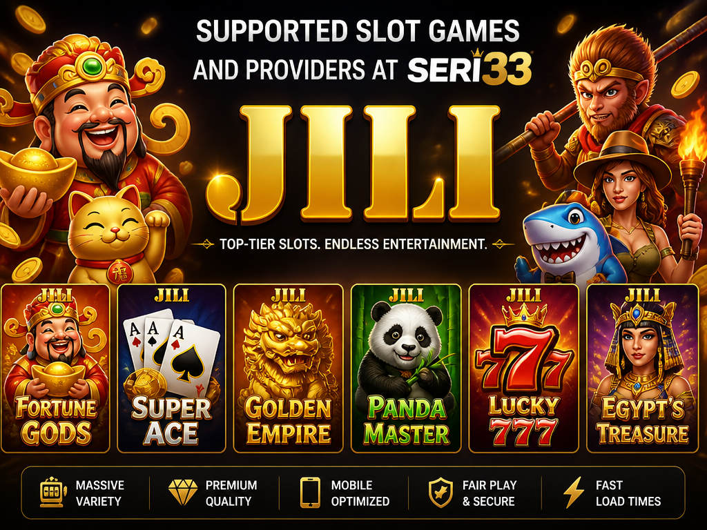 Image illustrating the online casino game or provider "Jili", for an article section titled "Supported Slot Games and Providers at Seri33": List popular slot games and software providers available on Seri33 (e.g., Jili, Xe88, Spadegaming). Discuss variety and quality. Cover gap: no game list.