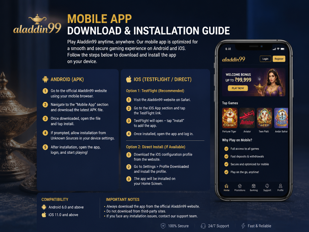 Photo-realistic image illustrating the topic of the article section "Mobile App Download and Installation Guide" (about the online casino brand "aladdin99"): Explain how to download the Aladdin99 app (APK for Android, iOS via TestFlight or direct). Cover compatibility, installation steps, and benefits of mobile play. Address the gap despite 'download' in competitor name.