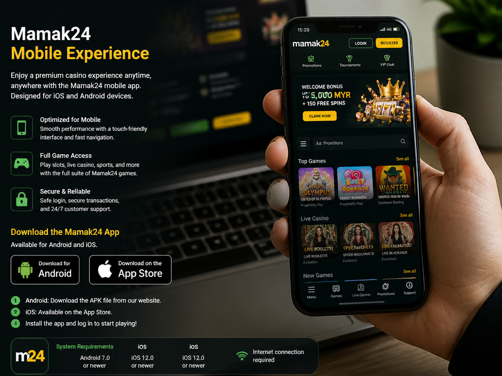 Photo-realistic image illustrating the topic of the article section "Mamak24 Mobile Experience: App Features and Compatibility" (about the online casino brand "mamak24"): Describe mobile app availability (iOS/Android), download instructions, and features like touch interface and game access. Cover the gap of no mobile app details beyond an icon.