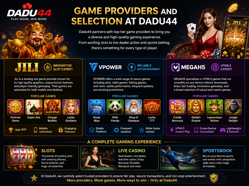 Image illustrating the online casino game or provider "Jili", for an article section titled "Game Providers and Selection at Dadu44": List and describe game providers such as JILI, VPOWER, MEGAH5. Mention types of games (slots, live casino, sportsbook). Cover the gap of missing provider details.