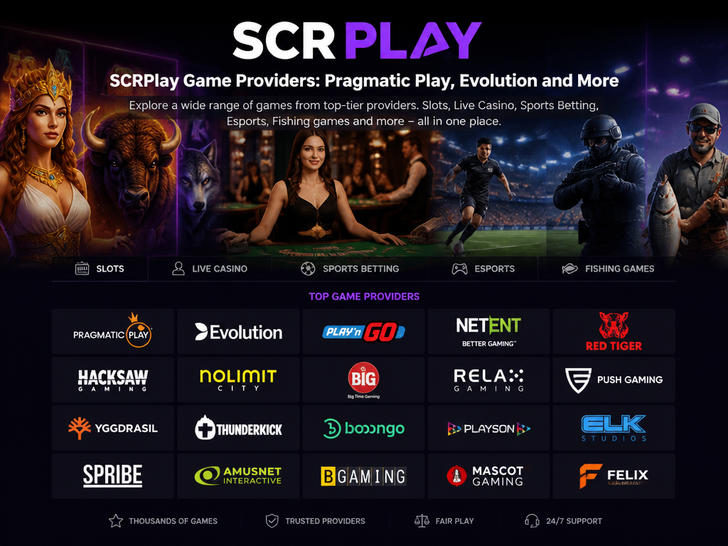 Photo-realistic image illustrating the topic of the article section "SCRPlay Game Providers: Pragmatic Play, Evolution and More" (about the online casino brand "scrplay"): List specific game providers like Pragmatic Play, Evolution, etc. Cover slots, live casino, sports betting, esports, fishing games. Address the gap of missing provider names.