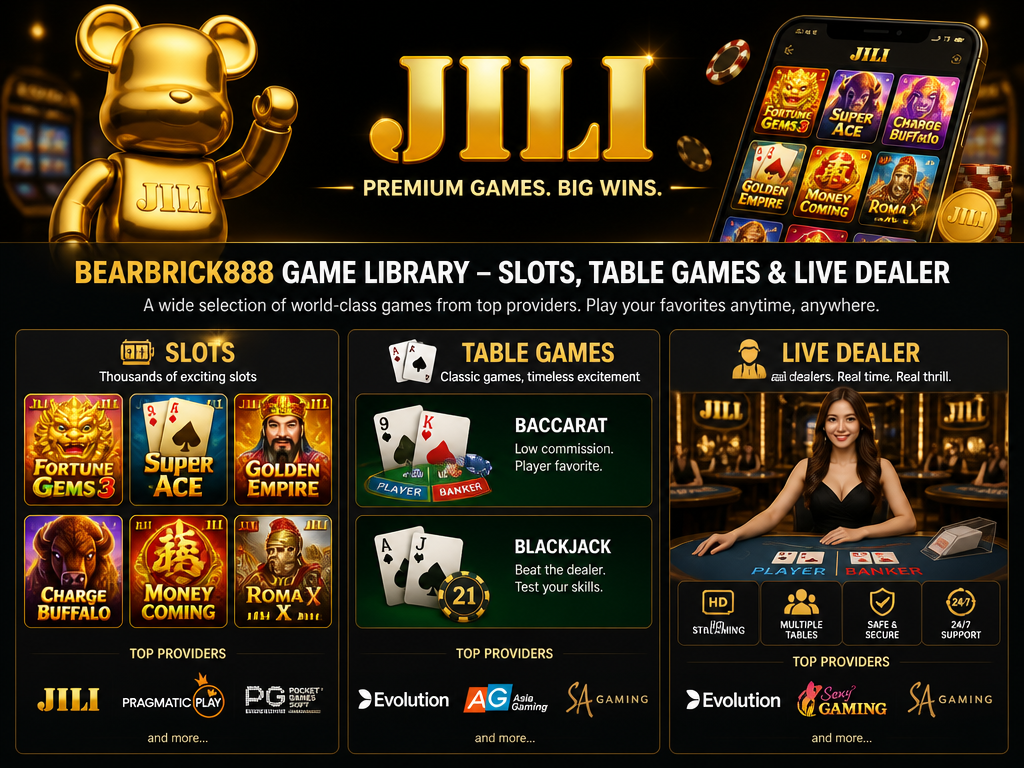 Image illustrating the online casino game or provider "Jili", for an article section titled "Bearbrick888 Game Library – Slots, Table Games & Live Dealer": List types of games available: slots (e.g., Jili, Pragmatic Play), table games (baccarat, blackjack), live dealer; mention popular titles and providers.