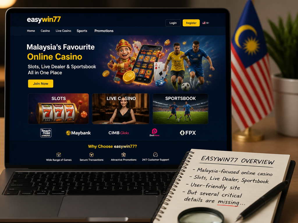 Photo-realistic image illustrating the topic of the article section "EasyWin77 Overview: A Malaysian Casino Under the Microscope" (about the online casino brand "easywin77"): Introduce easywin77 as a Malaysian online casino targeting local players. Highlight the brand's focus on slots, live dealer, and sportsbook. Set the tone for the review, noting that while the site appears user-friendly, several critical details are missing.