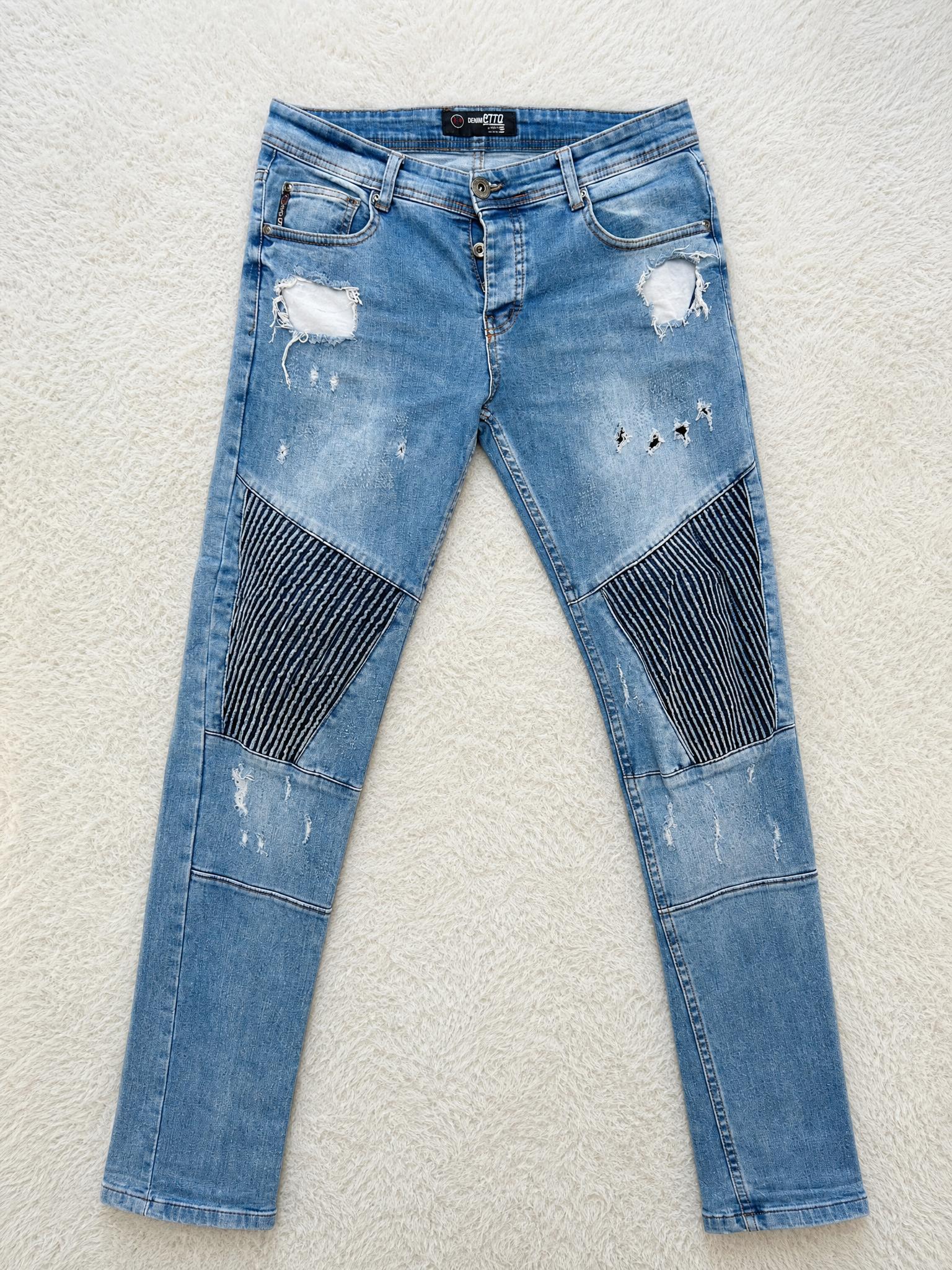 Light Blue Distressed Biker Jeans with Ribbed Knee Panels