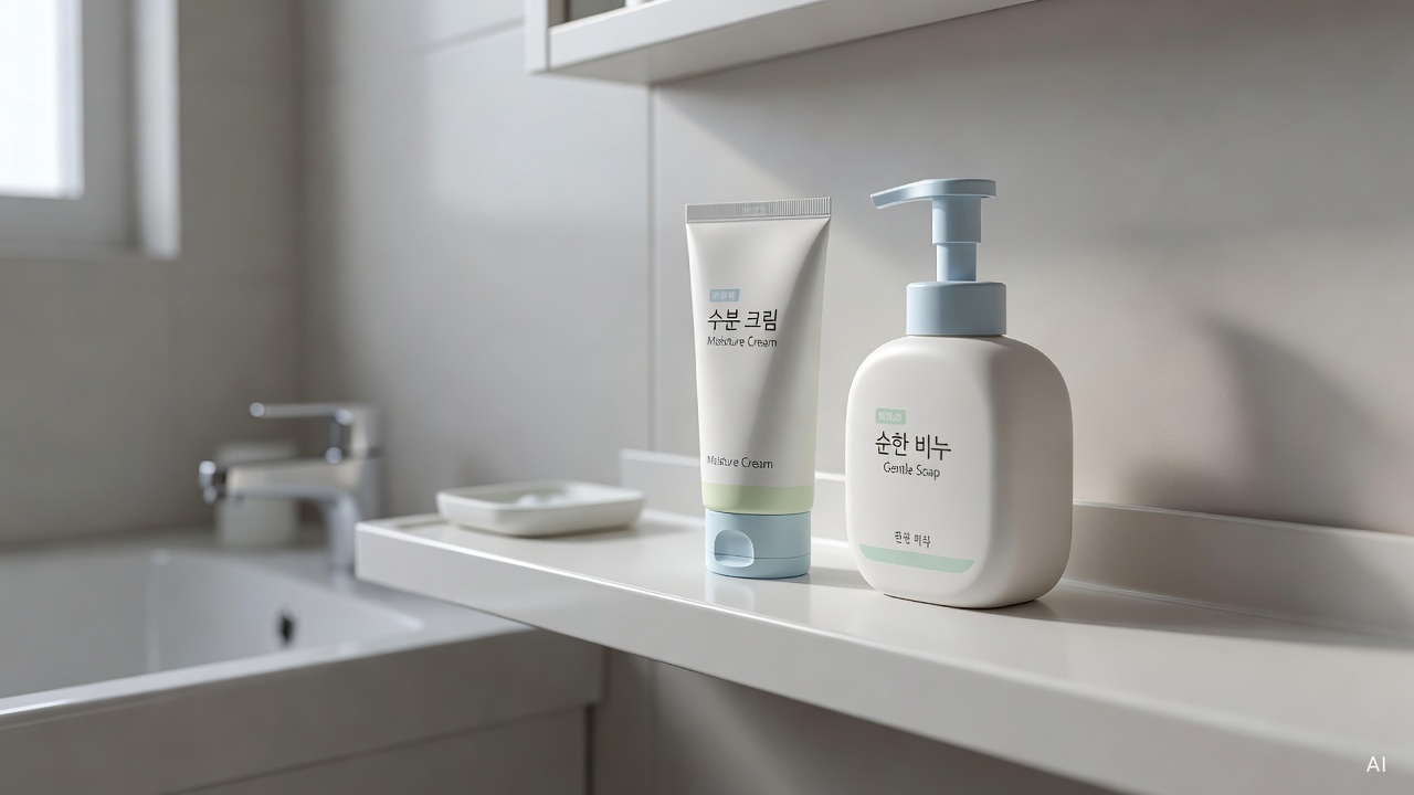 baby skincare products including moisturizer and gentle soap arranged on a white bathroom shelf