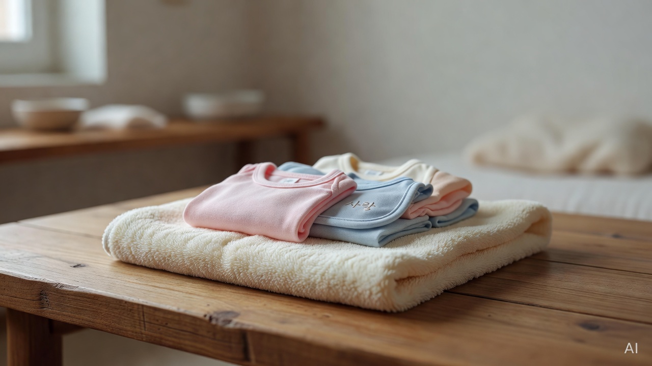 close-up of baby clothes and a soft towel on a wooden surface