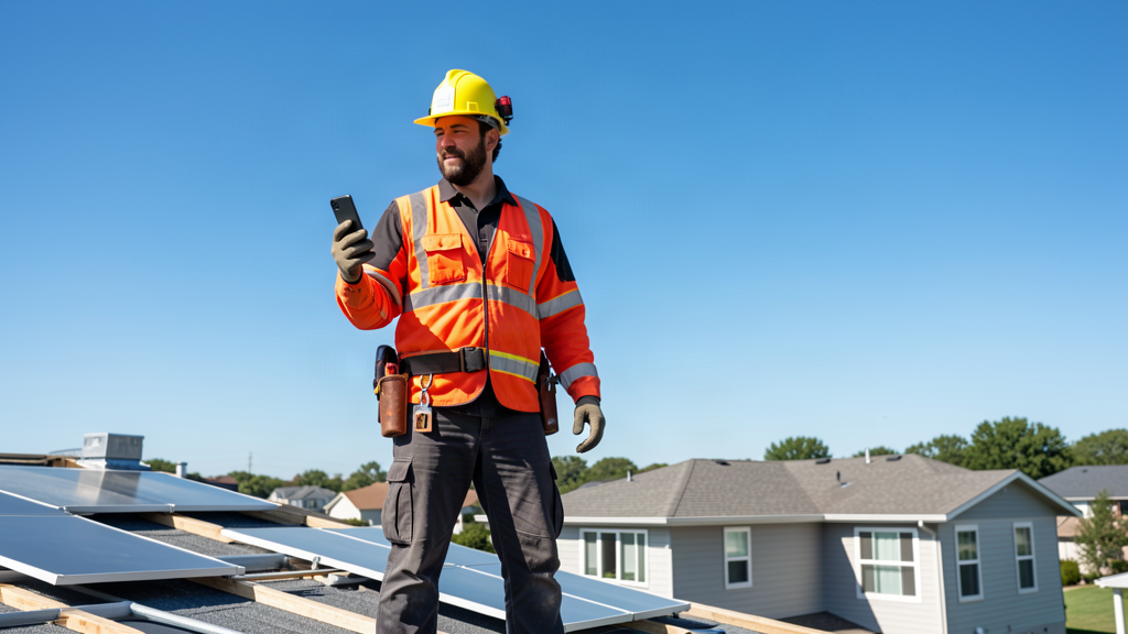 A roofing contractor in a high-visibility vest and hard hat standing on a residential rooftop holding a ringing smartphone, a clear sky and houses below, conveying a roofing business that answers every call and never lets a lead slip away
