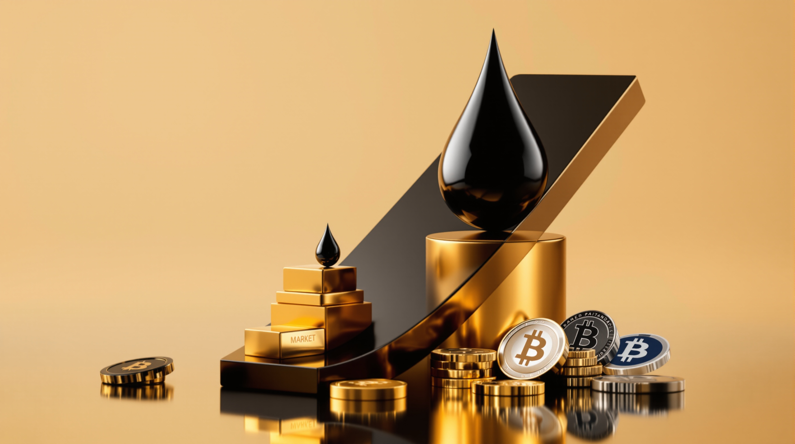 a tilted glossy black plane holding a rising polished black oil droplet (on a slim gold pedestal), a faceted gold bullion, a matte-silver stack of mar — editorial cover artwork for the Knightron story on Risk Off Sweep Hits Equities, Crypto And Precious Metals As