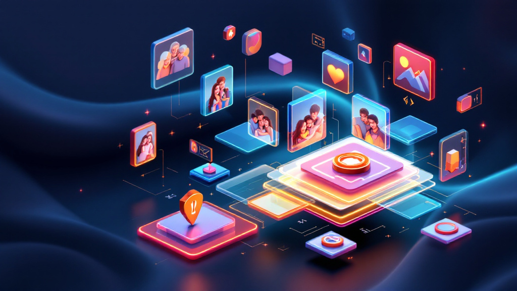 Family photos on a computer screen with a shield icon, illustrating online photo security and cybersecurity tips