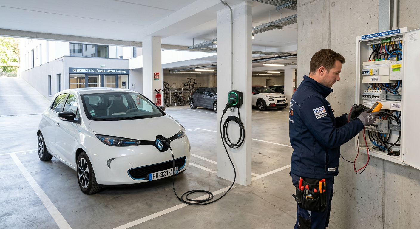 Borne de recharge électrique installée dans un parking de copropriété avec un installateur vérifiant l'installation.