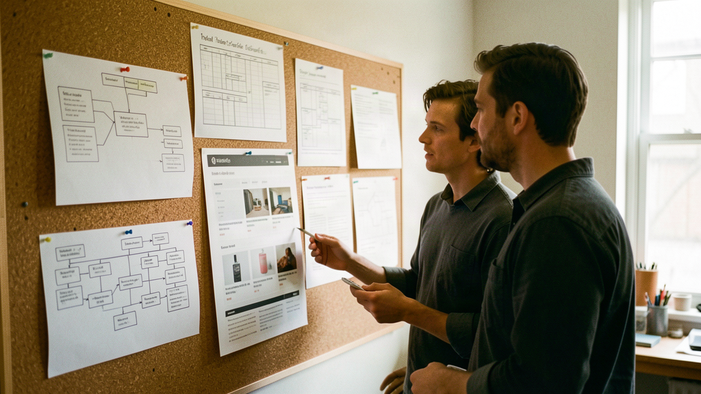 Marchand et développeur discutant devant un mur de wireframes papier d'un site e-commerce