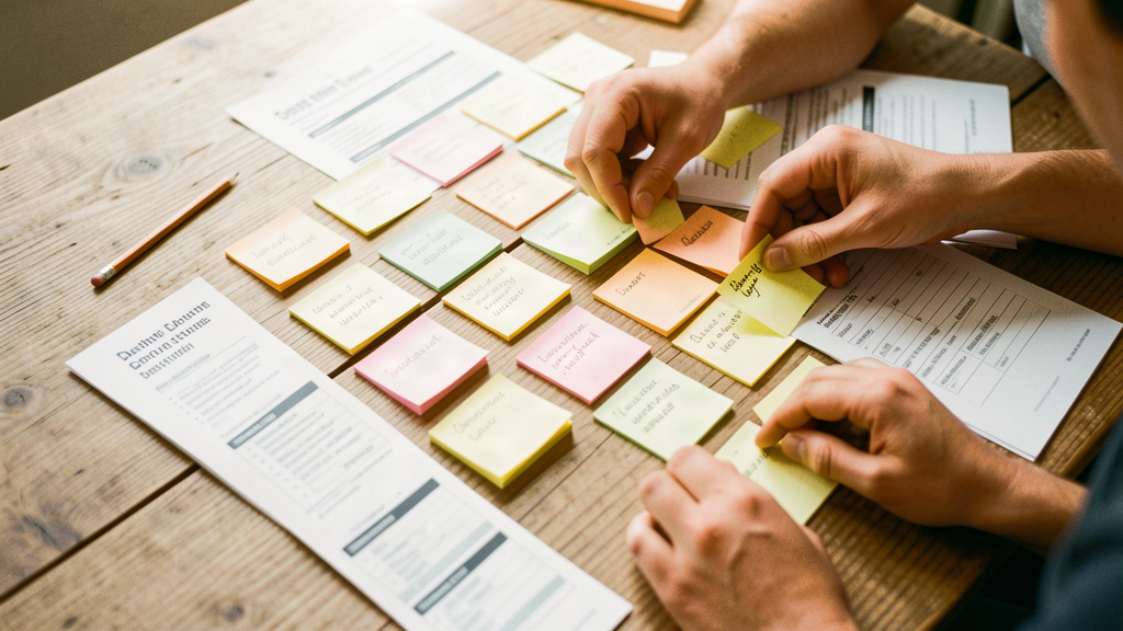 Table de priorisation avec post-it organisant le périmètre d'un projet de site web