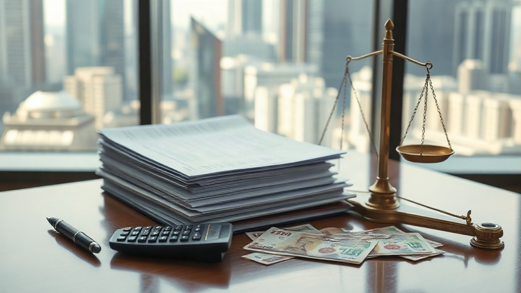 An editorial illustration of a large ledger, tax forms, and a K-pop entertainment company office