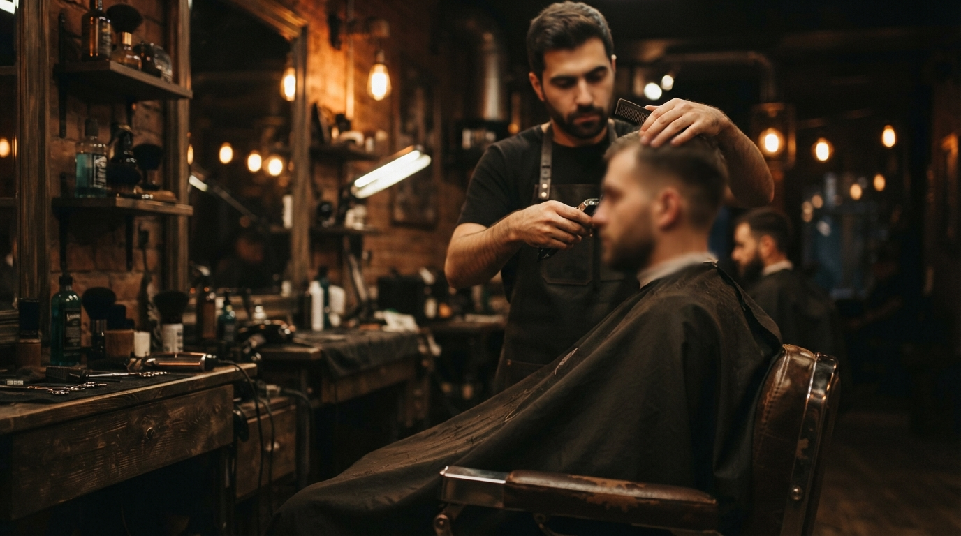 Berber koltuğunda saç bakımı yapılan sıcak bir salon anı