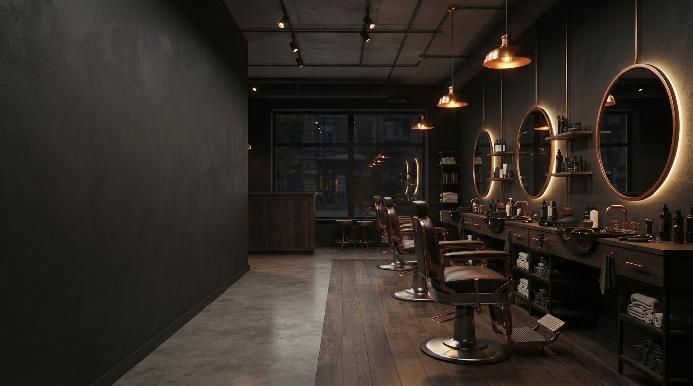 Koyu tonlarda modern erkek kuaförü salonu