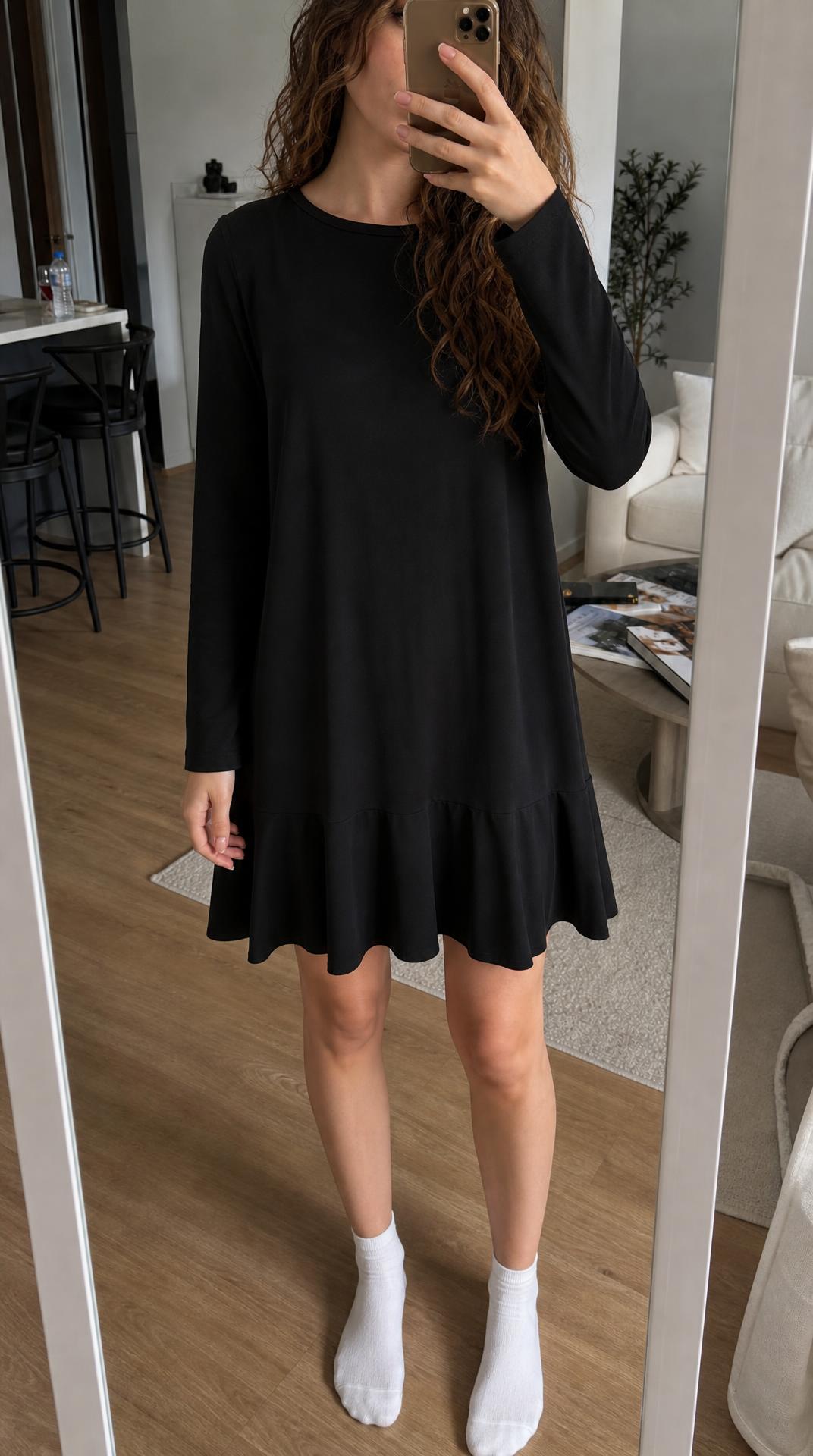 Black Long-Sleeve Tiered Midi Dress – Relaxed Fit, Very Good