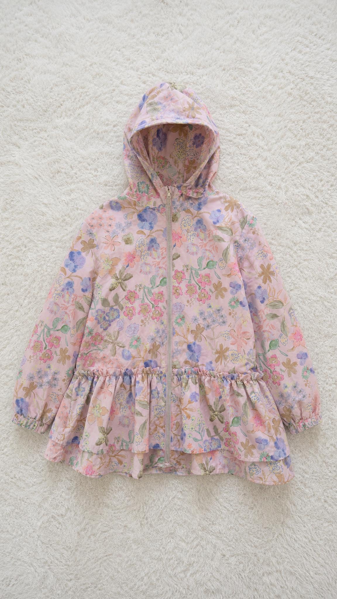 Floral Hooded Girls’ Jacket with Flared Hem – Very Good