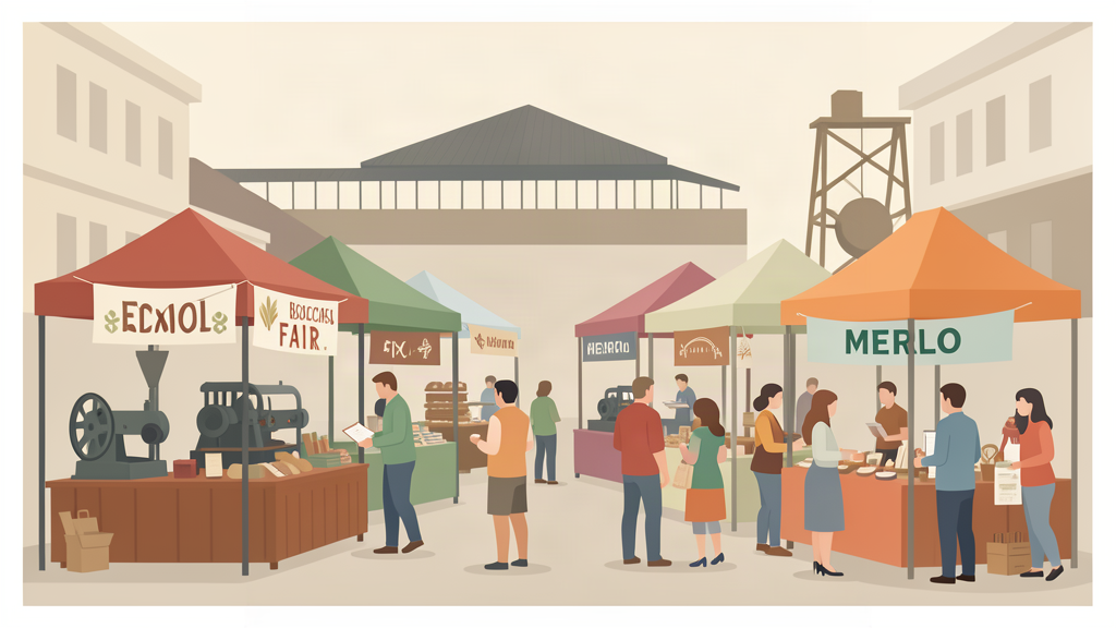 Ilustración editorial de una feria de producción local con puestos de industrias de Merlo en El Remanso