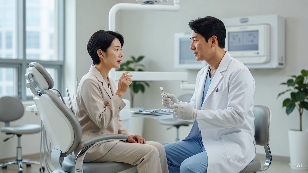 Korean woman in her 30s, short black hair, sitting in a dental chair while talking to a dentist