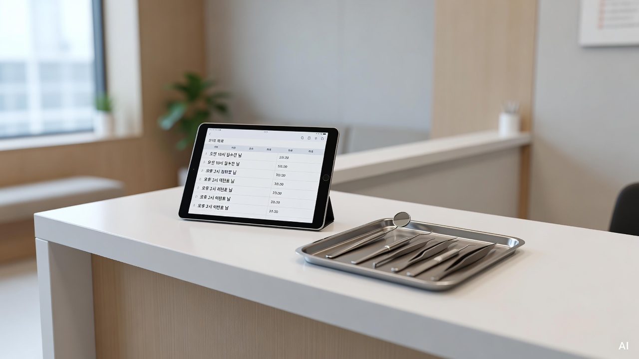 dental clinic reception desk with appointment calendar and dental tools on a clean white counter