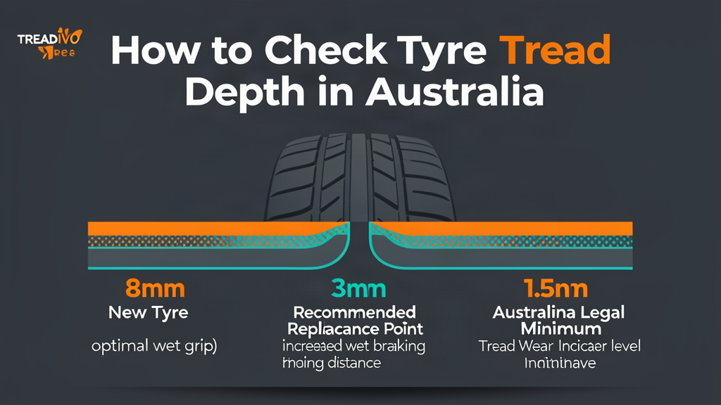 Infographic showing tyre tread depth from a new tyre down to the 1.5mm Australian legal minimum, with tread wear indicator bars