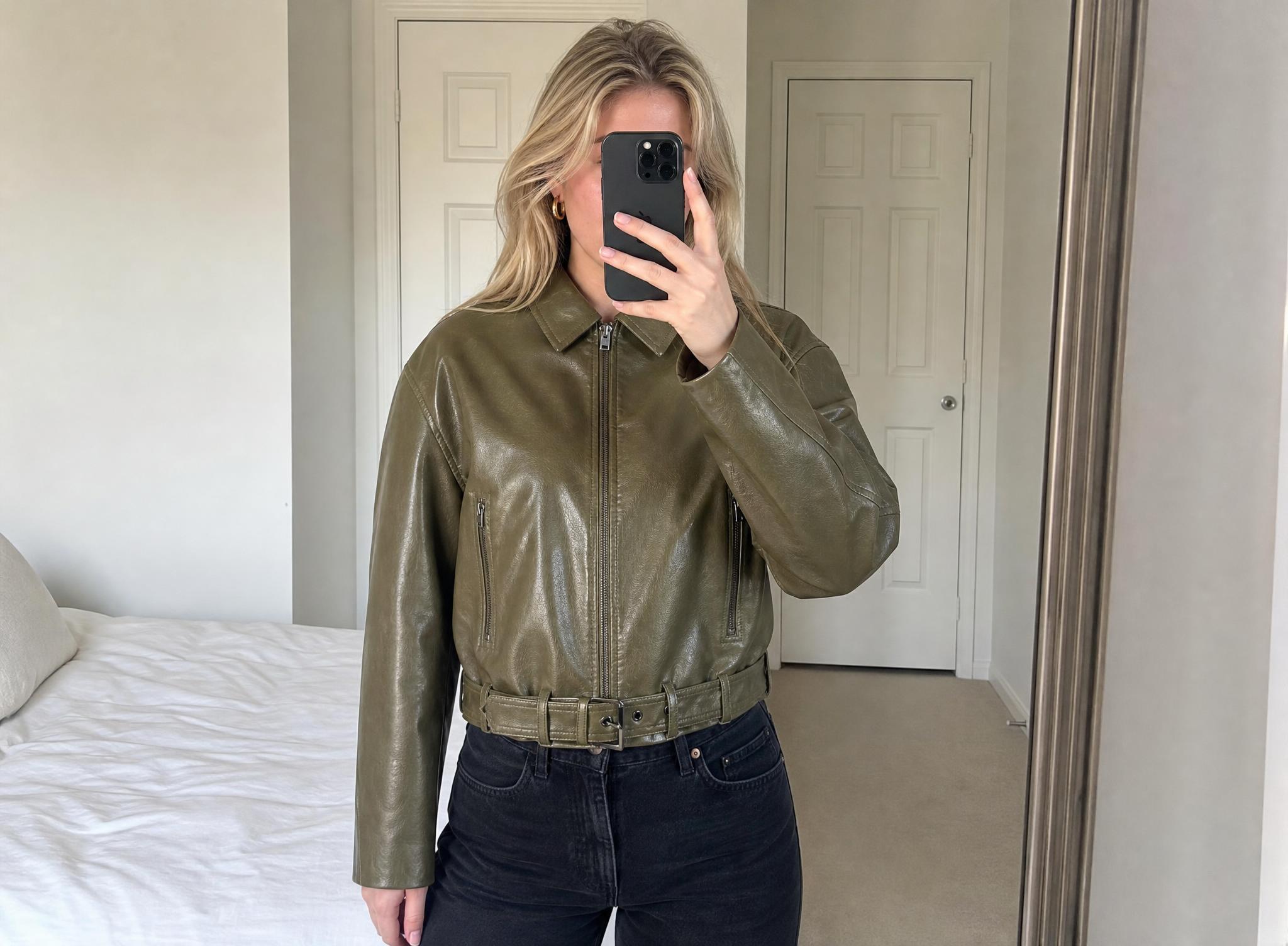 Bershka olive faux leather cropped biker jacket