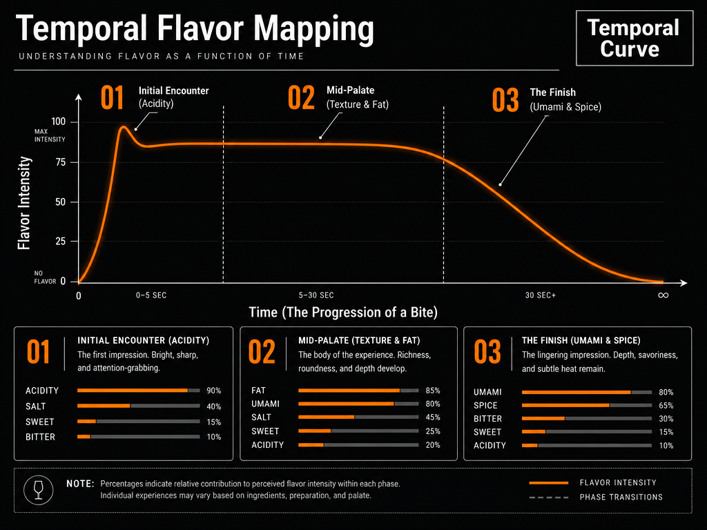 An infographic showing a temporal flavor curve graph with labels for initial encounter, mid-palate, and the finish to track dish intensity.