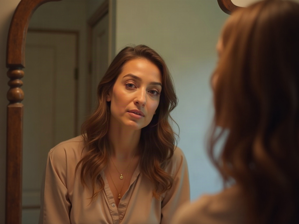 A woman with wavy brown hair and a beige blouse looks at her reflection in a wooden-framed mirror with a pensive expression.