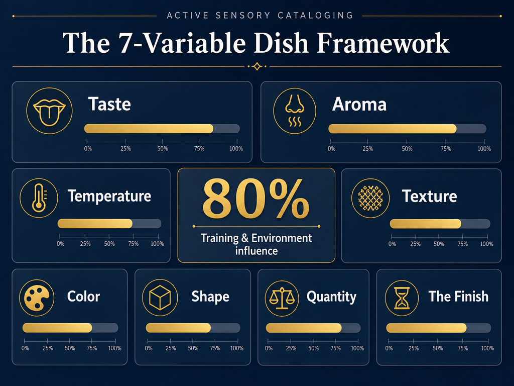 A sensory analysis grid showing seven variables of food including texture, aroma, and temperature with intensity progress bars for foodies.