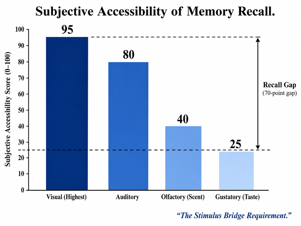 Bar chart comparing the ease of memory recall between visual, auditory, scent, and taste senses, showing why taste memory is the most difficult.