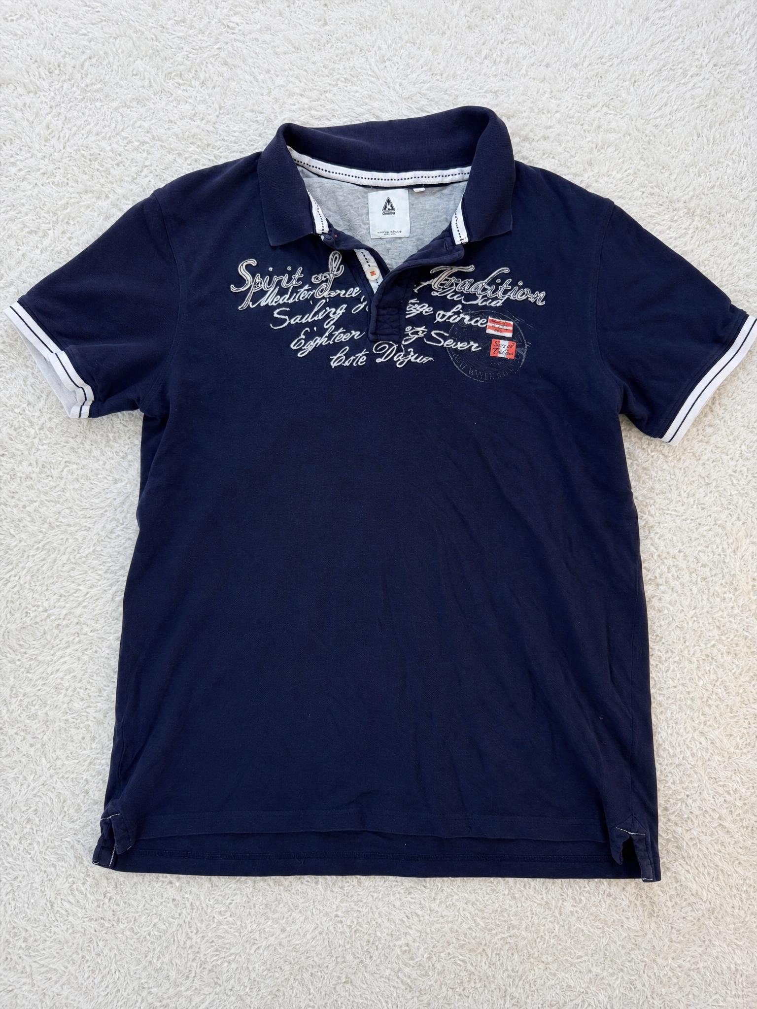 Navy embroidered graphic polo shirt with contrast sleeve stripes