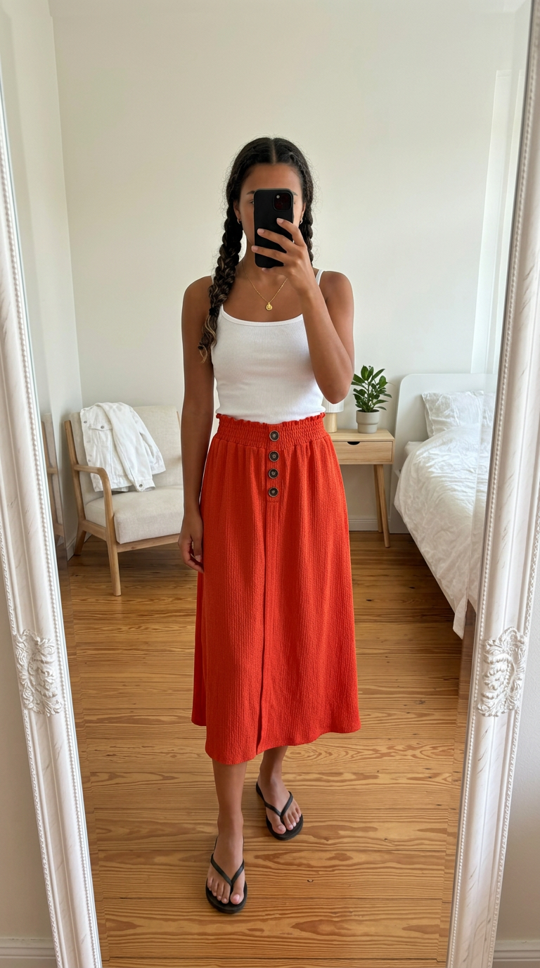 Burnt Orange Textured Button Front A-Line Skirt – Very Good