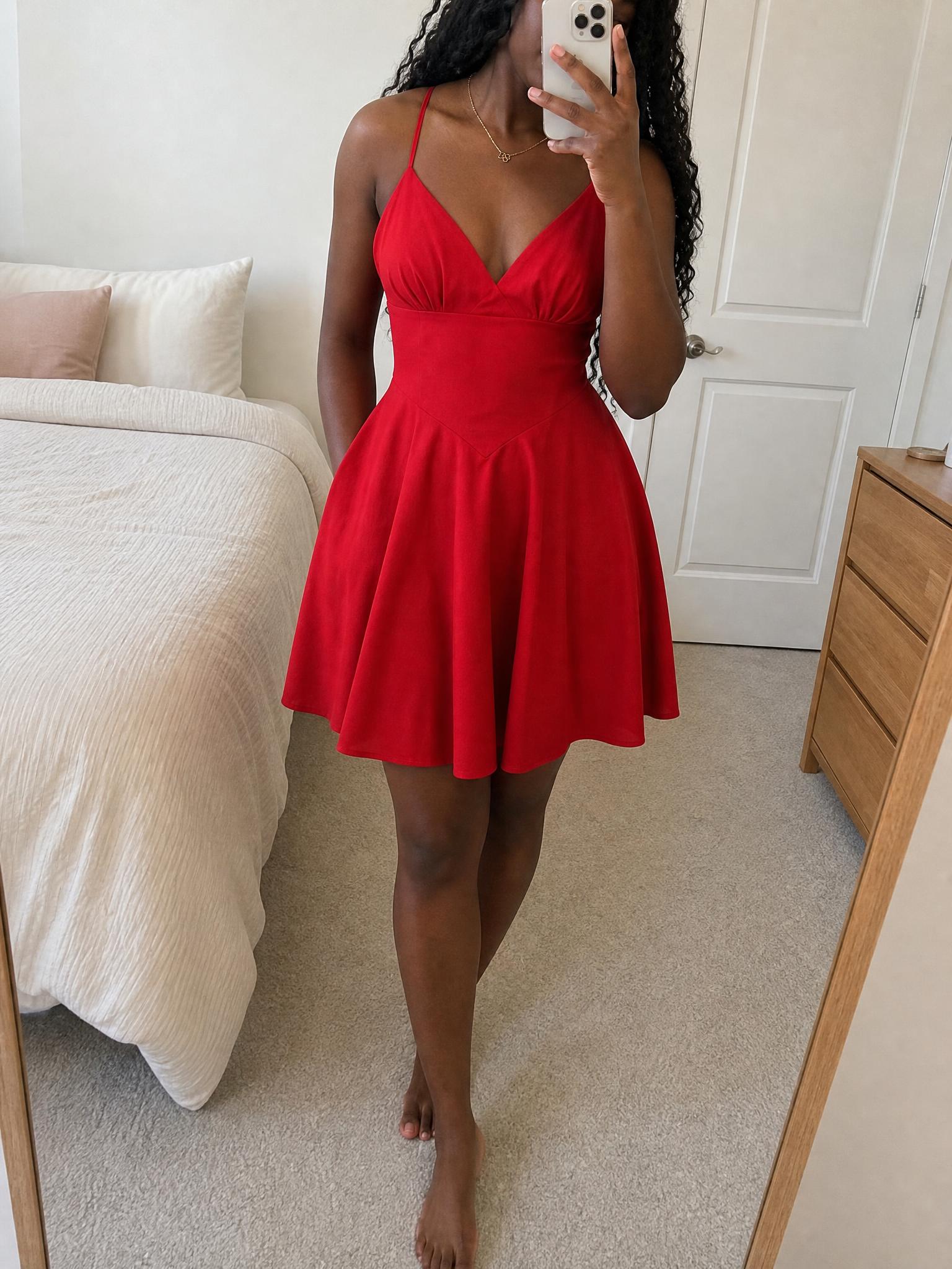 Red Spaghetti Strap V-Neck Flared Dress – Very Good